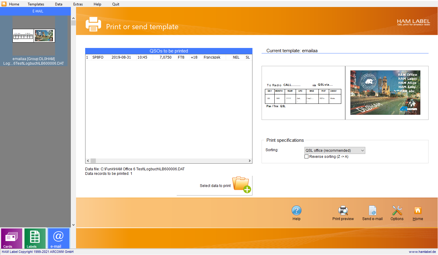 EMail-QSL im Hauptfenster