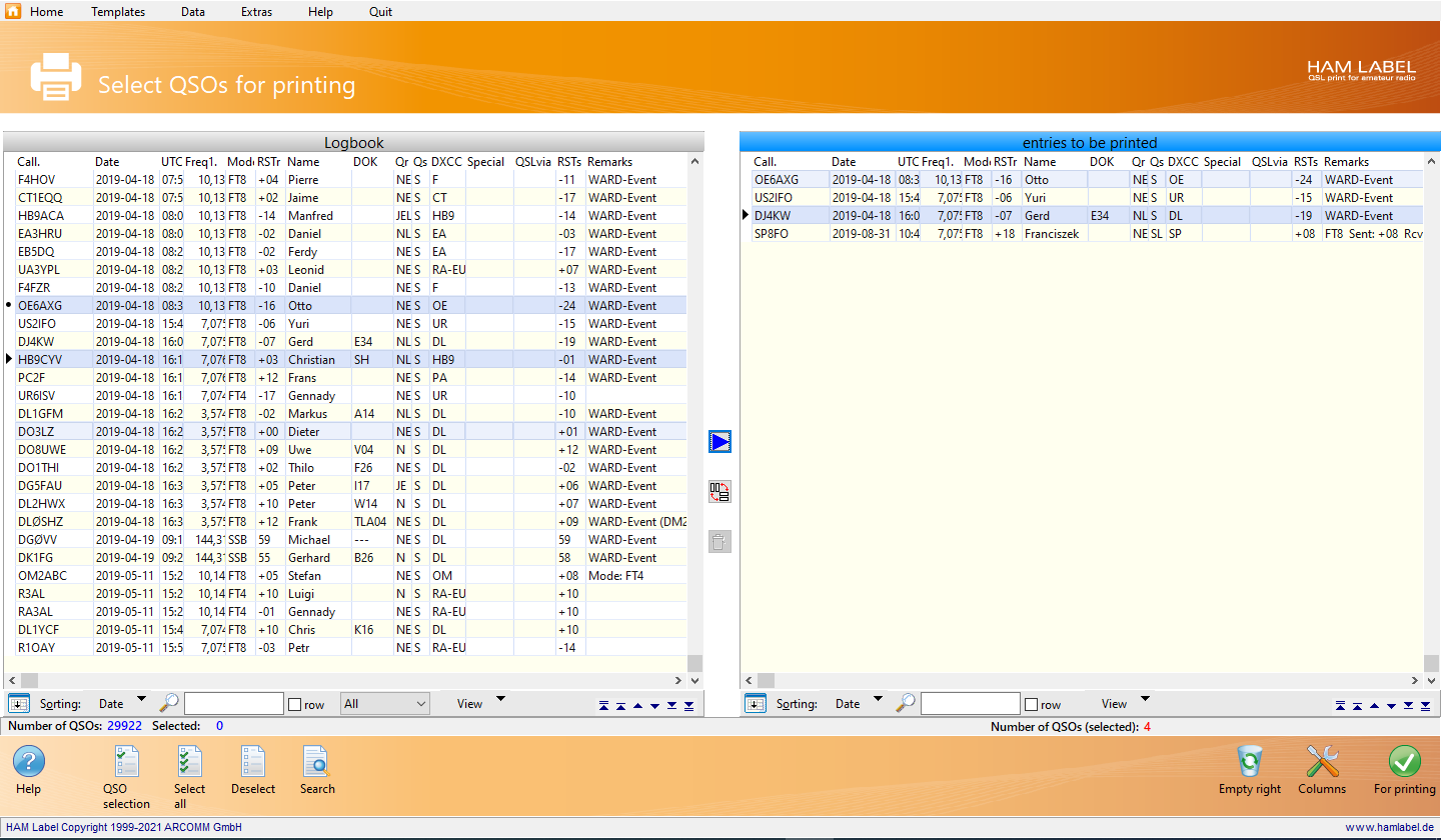 Fenster zur QSO-Auswahl fr Labeldruck